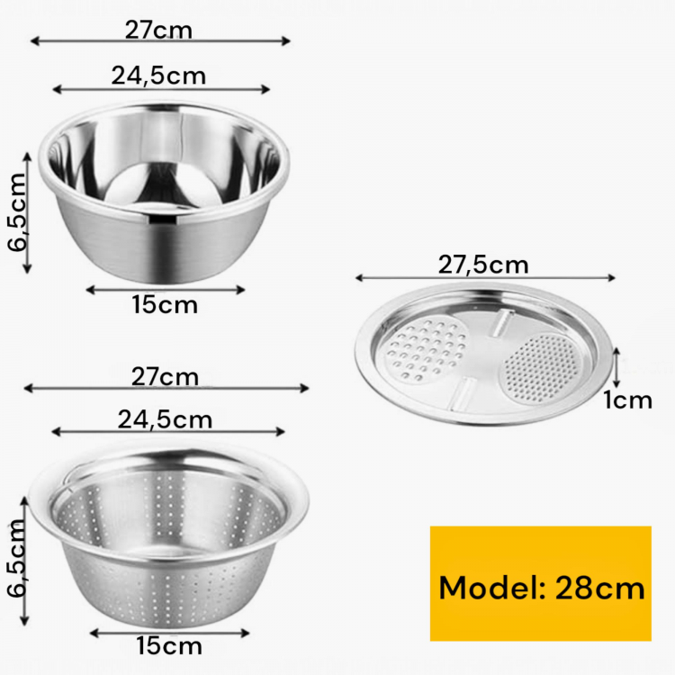 ÇOK FONKSİYONLU PASLANMAZ ÇELİK RENDE,SÜZGEÇ VE YOĞURMA KABI 3'LÜ SET 28CM